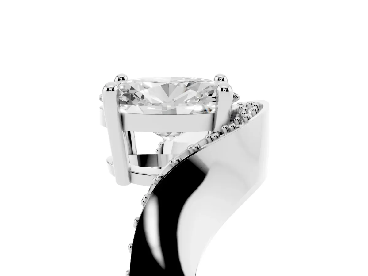 Oval Cut Solitaire Diamond Engagement Ring with Pave Band and Four-Prong Setting Silver
