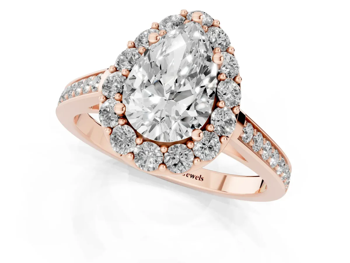 Pear Cut Diamond Floral Halo Ring with Pavé Band and Prong Setting Rose gold