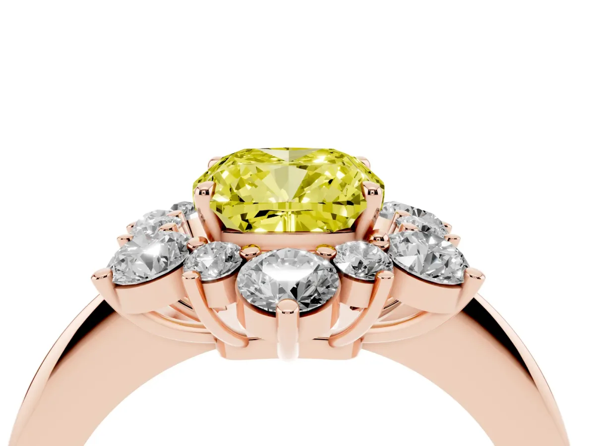Fancy Yellow Cushion Cut Diamond Cluster Halo Ring with Solitaire Band and Four-Prong Setting Rose gold
