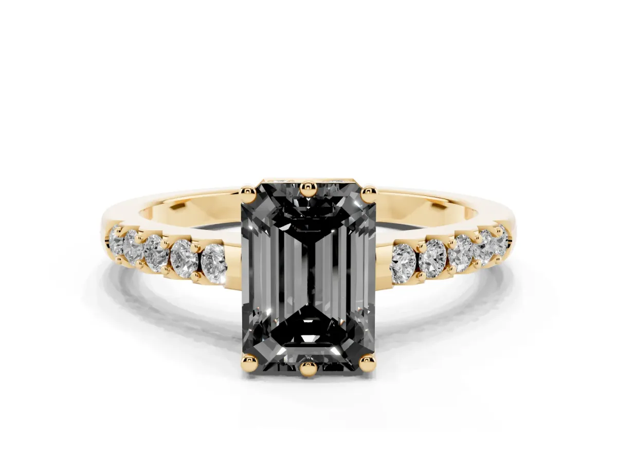 Fancy Black Emerald Cut Solitaire Diamond Engagement Ring with Pavé Band and Six-Prong Setting Yellow gold