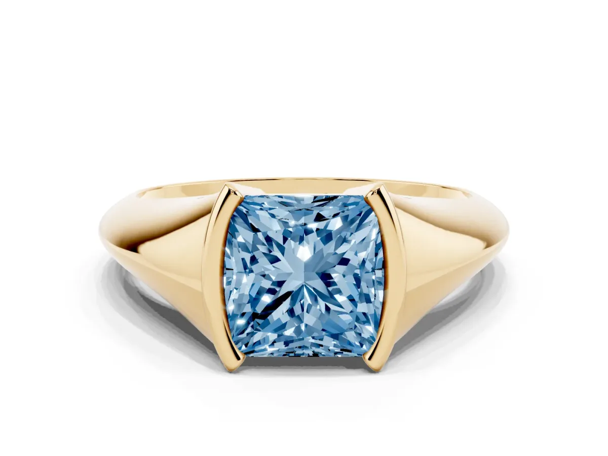 Fancy Blue Princess Cut Solitaire Tension Set Diamond Ring Yellow gold