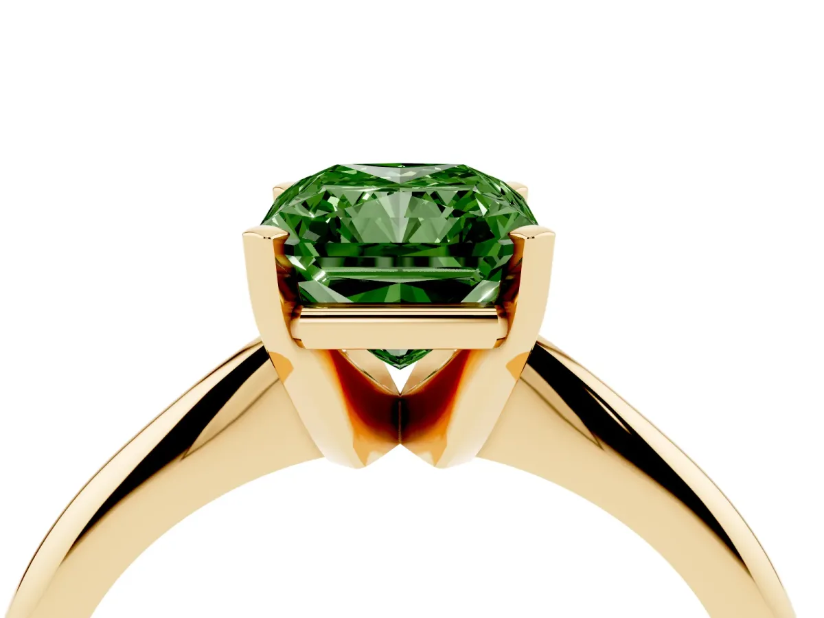 Fancy Green Radiant Cut Cut Solitaire Ring with Four-Prong Setting on a Classic Band Yellow gold
