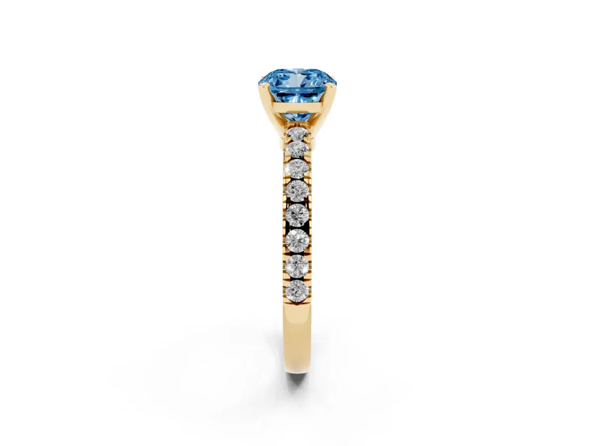 Fancy Blue Cushion Cut Solitaire Diamond with Pavé Band and Four-Prong Setting Yellow gold