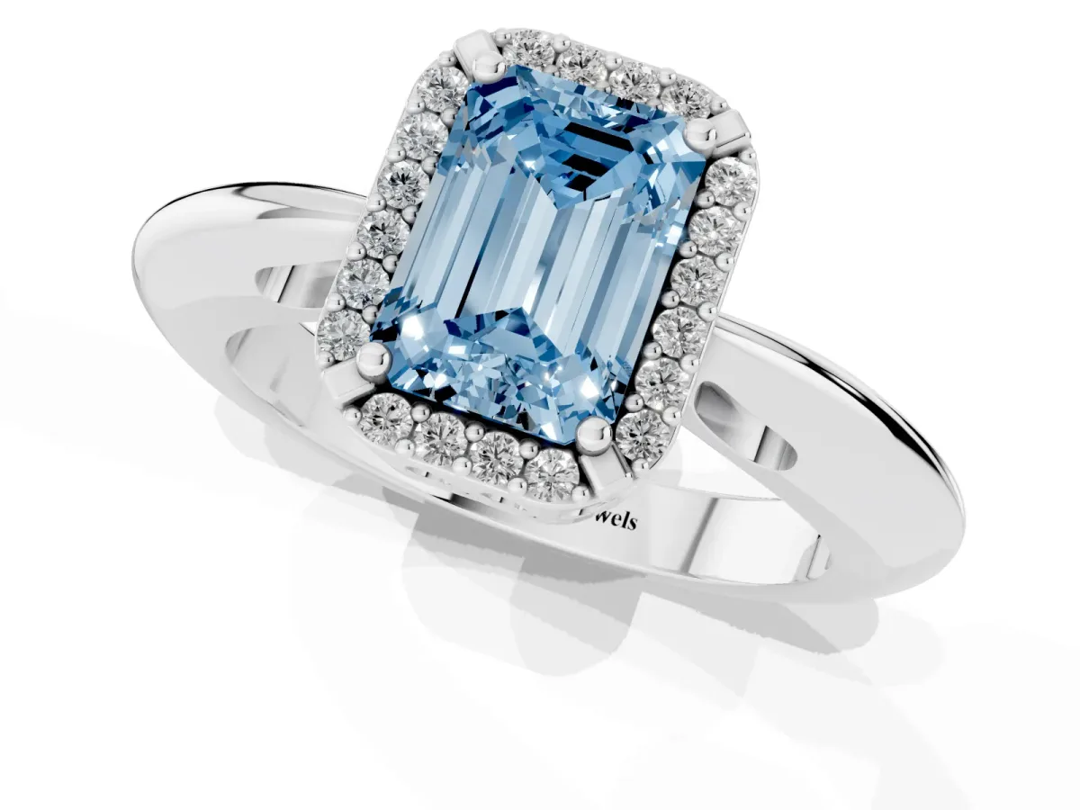 Fancy Blue Emerald Cut Cut Diamond Halo Engagement Ring with Split Shank and Four-Prong Setting Silver