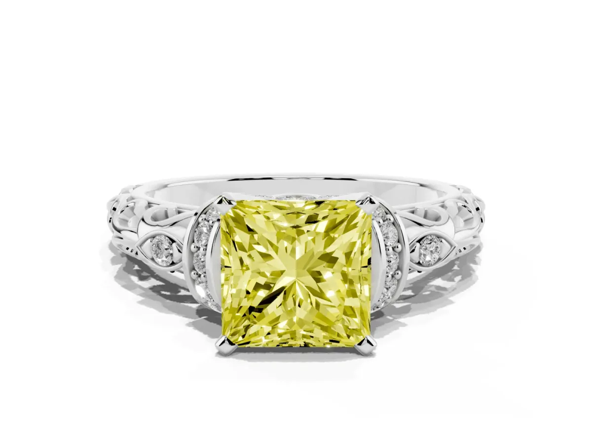 Fancy Yellow Princess Cut Diamond Solitaire Ring with Filigree Band and Four-Prong Setting Silver