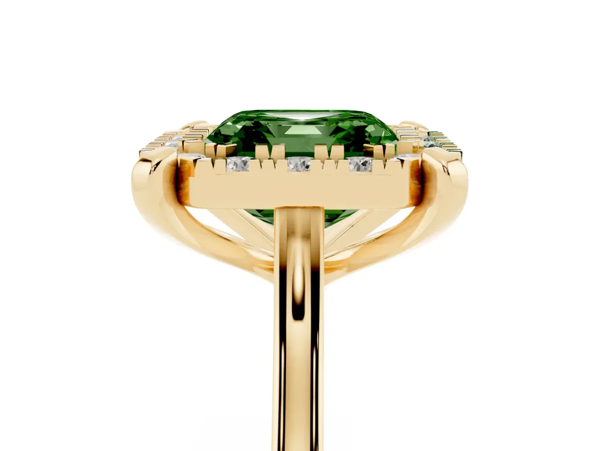 Fancy Green Asscher Cut Diamond Cluster Halo Solitaire with Four-Prong Setting Yellow gold