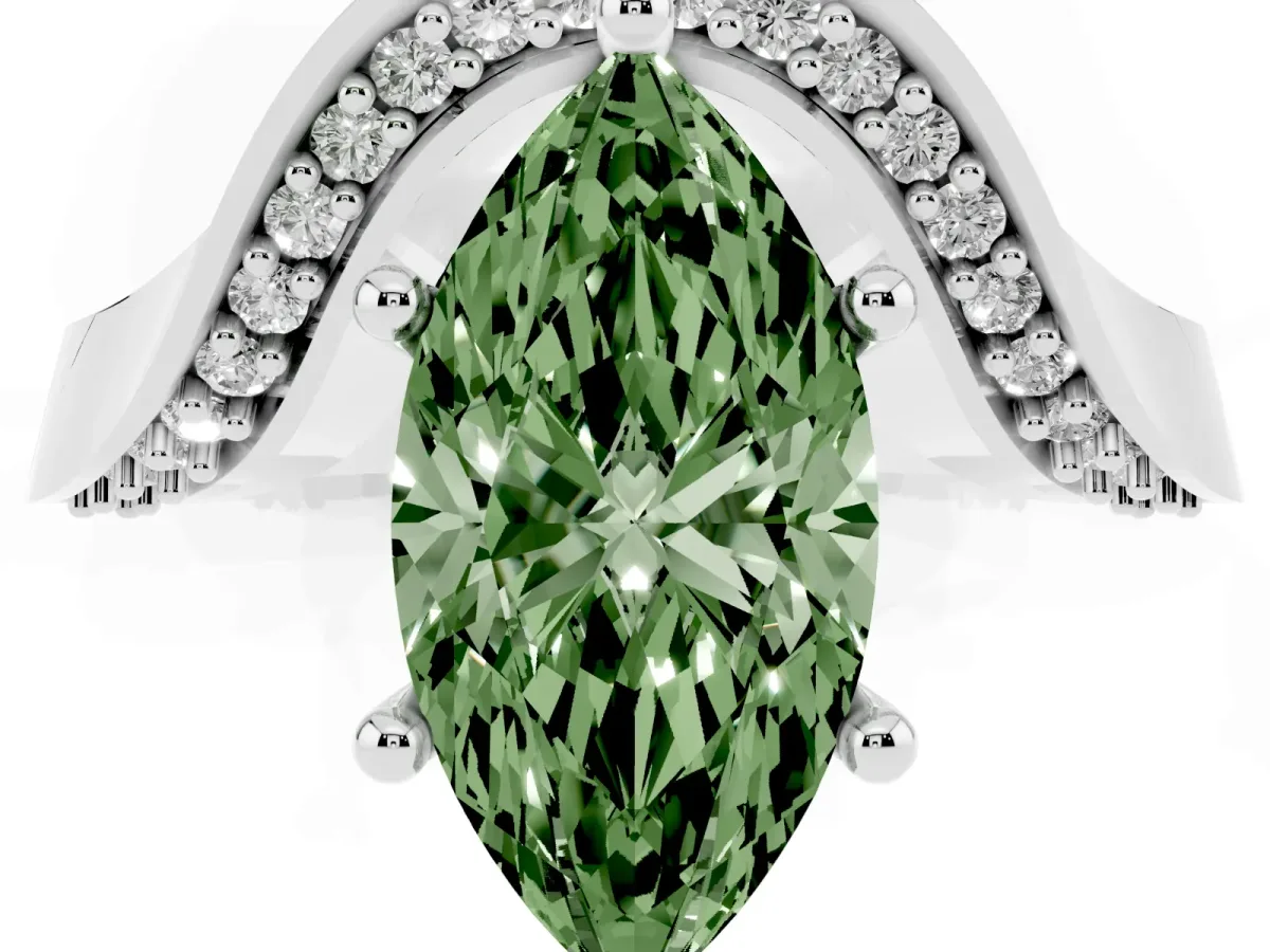 Fancy Green Marquise Cut Solitaire Diamond Engagement Ring with Pave Band and Four-Prong Setting White gold