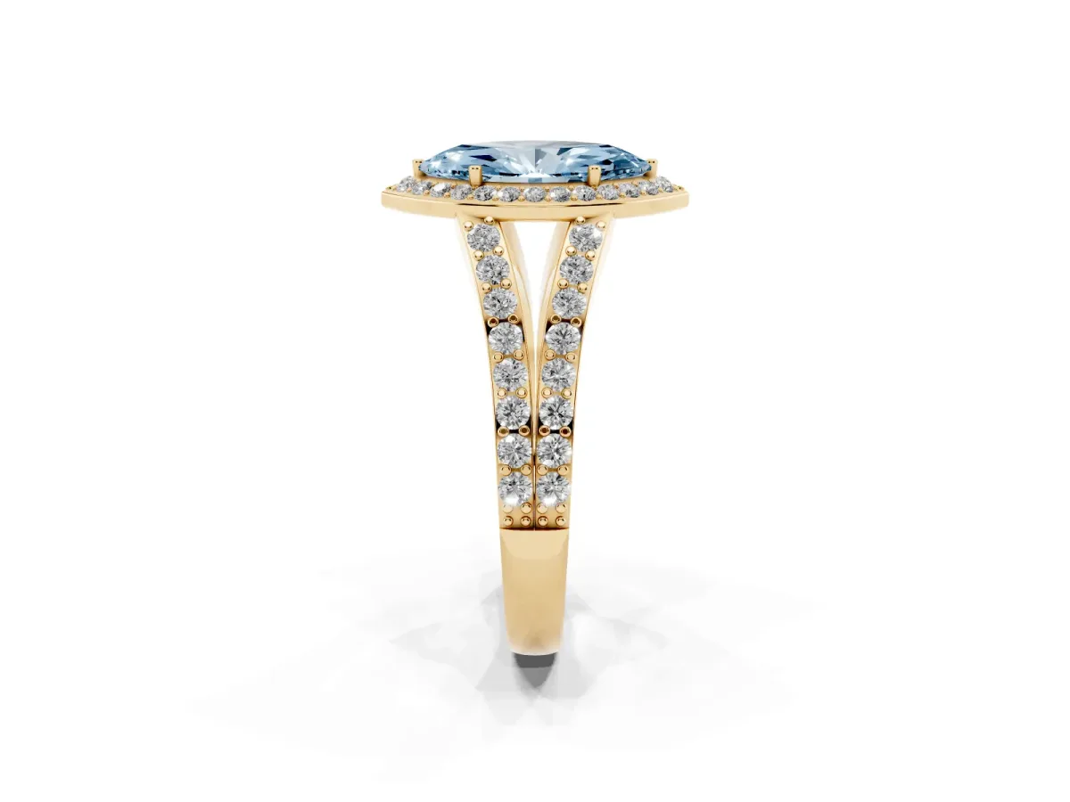 Fancy Blue Marquise Cut Diamond Split Shank Halo Ring with Four-Prong Setting Yellow gold