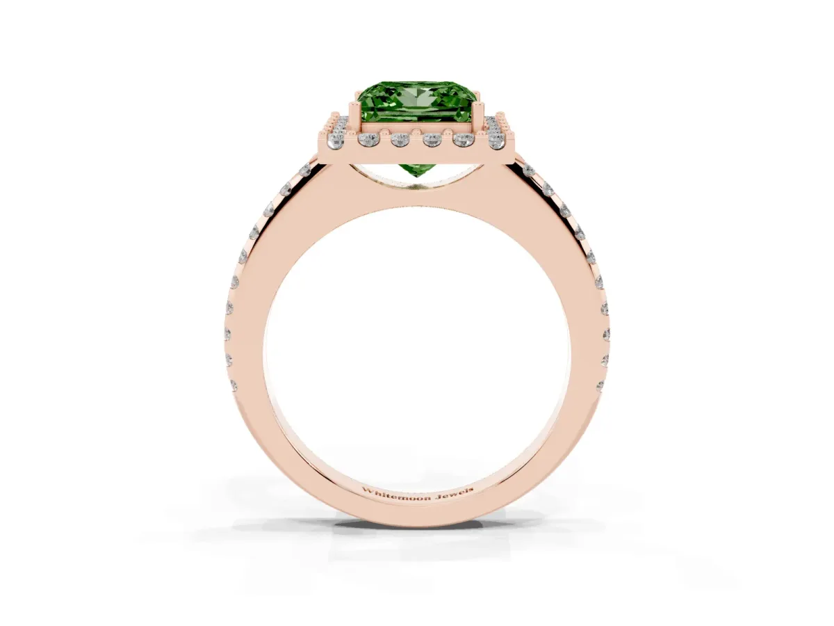 Fancy Green Princess Cut Diamond Pavé Halo Ring with Four-Prong Setting Rose gold