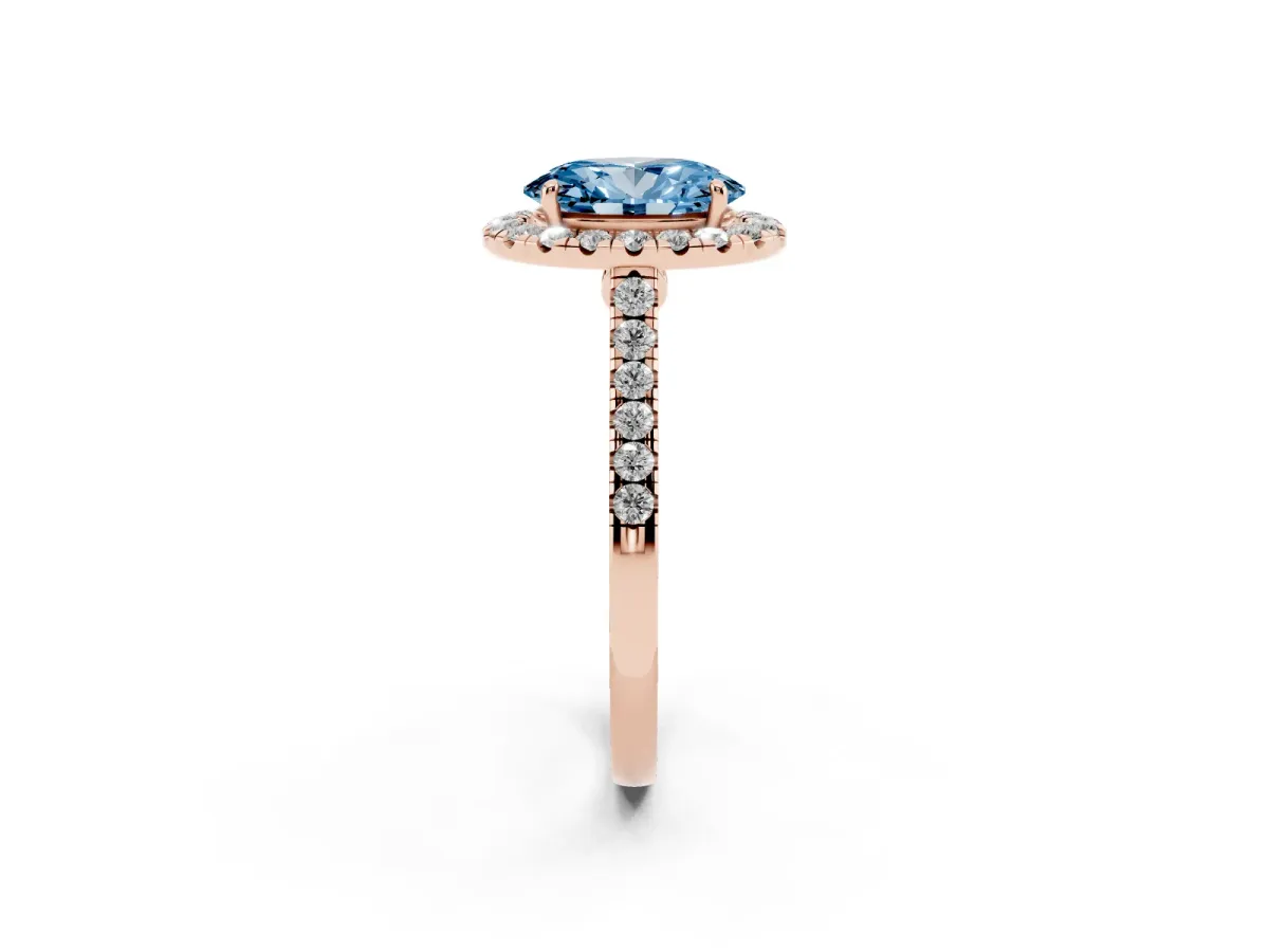 Fancy Blue Oval Cut Halo Pave Diamond Engagement Ring with Four-Prong Setting Rose gold