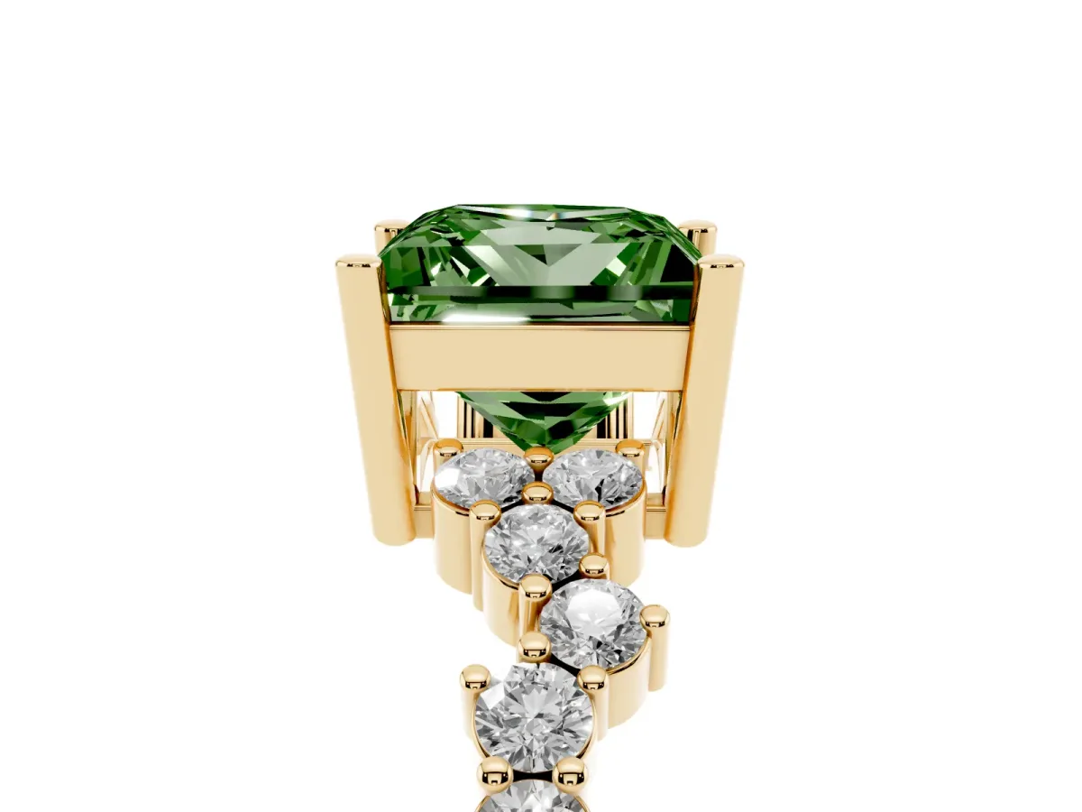 Fancy Green Princess Cut Diamond Scattered Round Accent Ring with Prong Setting Yellow gold