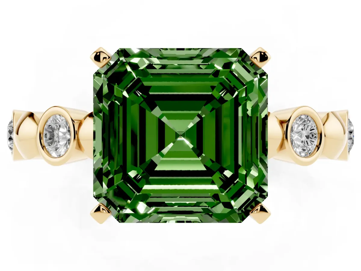 Fancy Green Asscher Cut Solitaire Bezel-Set Diamond Ring with Beaded Band and Four-Prong Setting Yellow gold