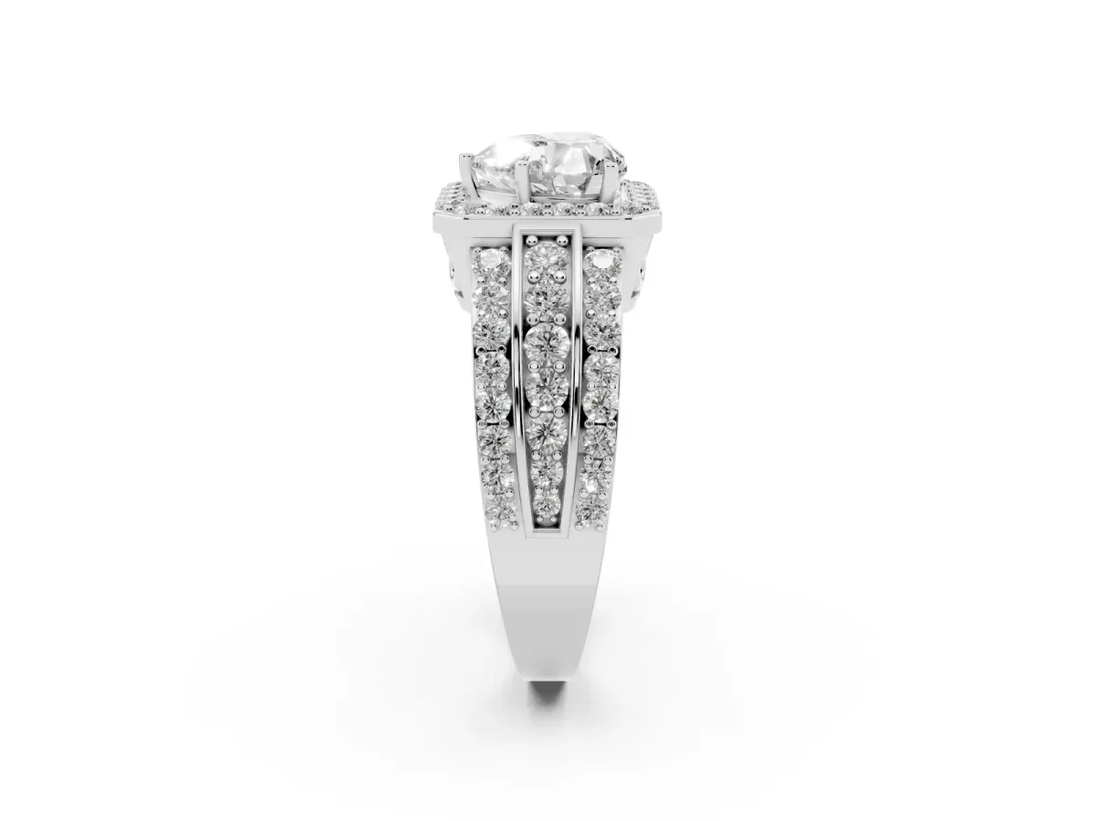 Heart Cut Halo Diamond Ring with Round Split Shank and Prong Setting Platinum