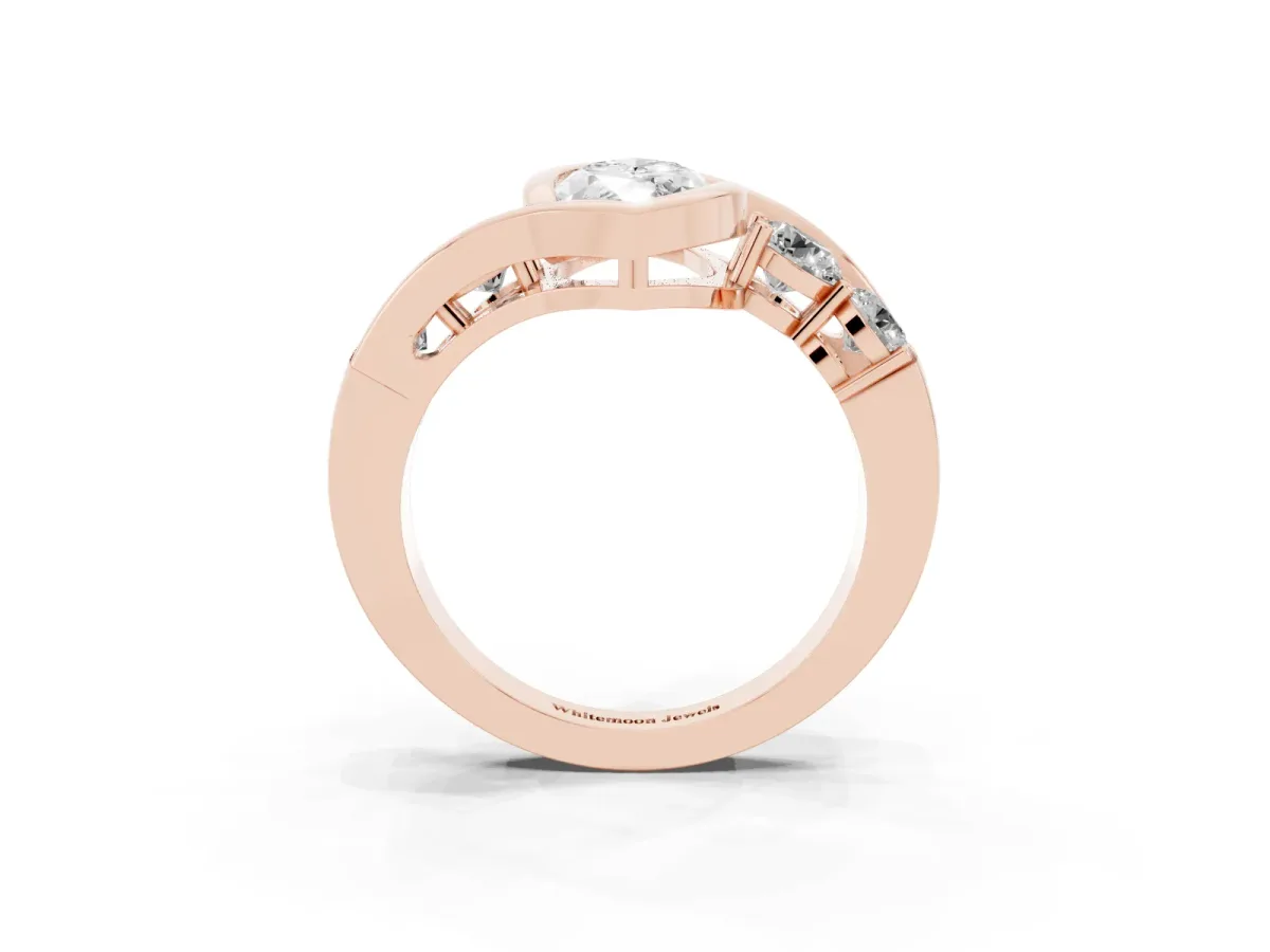 Bezel Set Marquise Cut Diamond Bypass Ring with Round Accents Rose gold