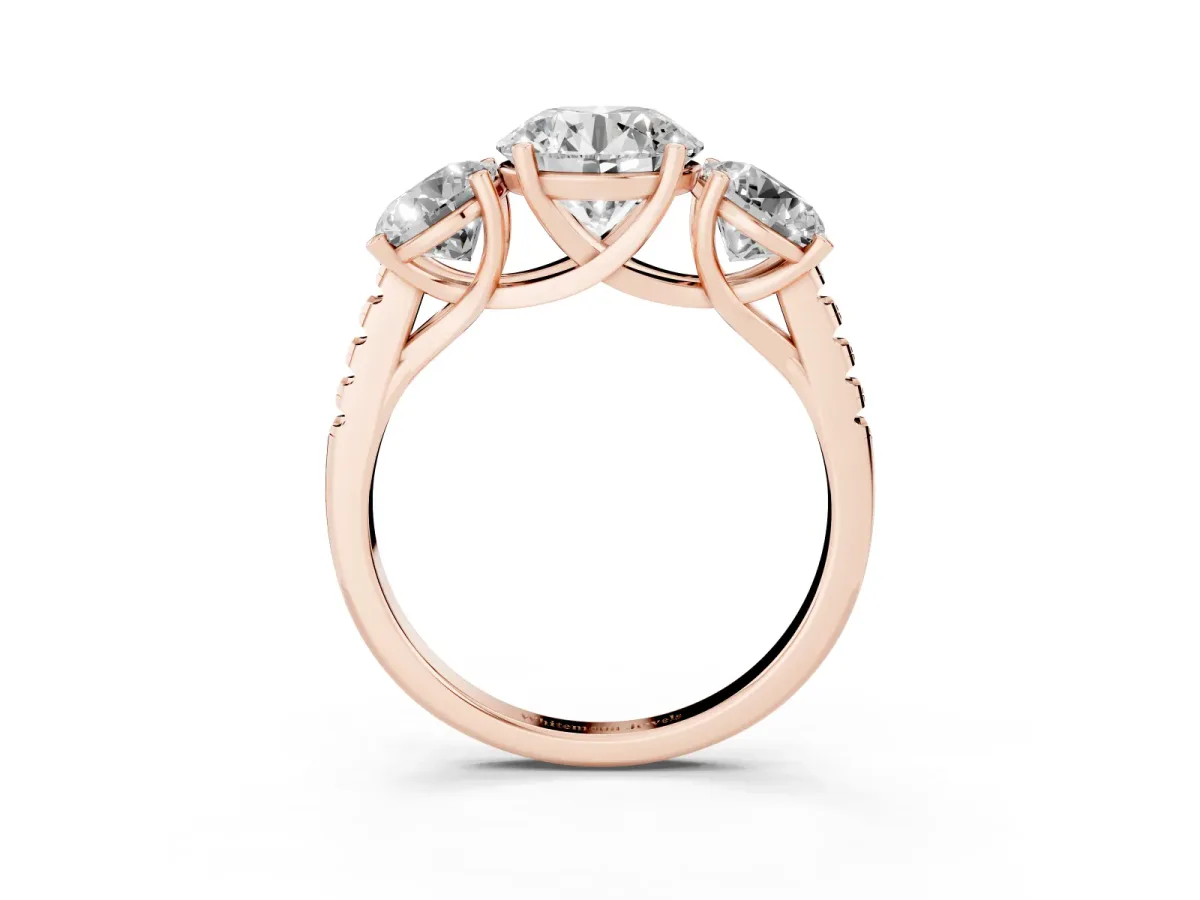 Three-Stone Round Cut Diamond Ring with Round Pavé Band and Prong Setting Rose gold