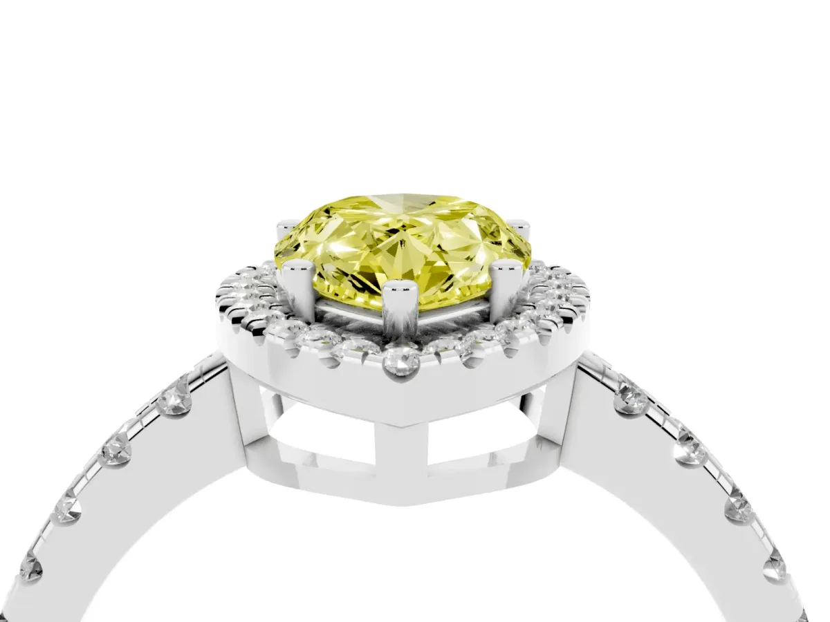 Fancy Yellow Pear Cut Diamond Halo Ring with Pavé Band and Four-Prong Setting White gold