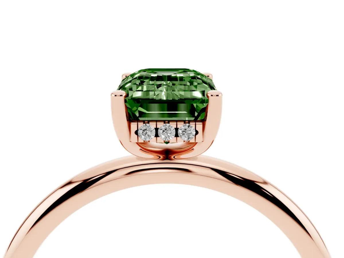 Fancy Green Emerald Cut Cut Solitaire Engagement Ring with Four-Prong Setting and Classic Band Rose gold