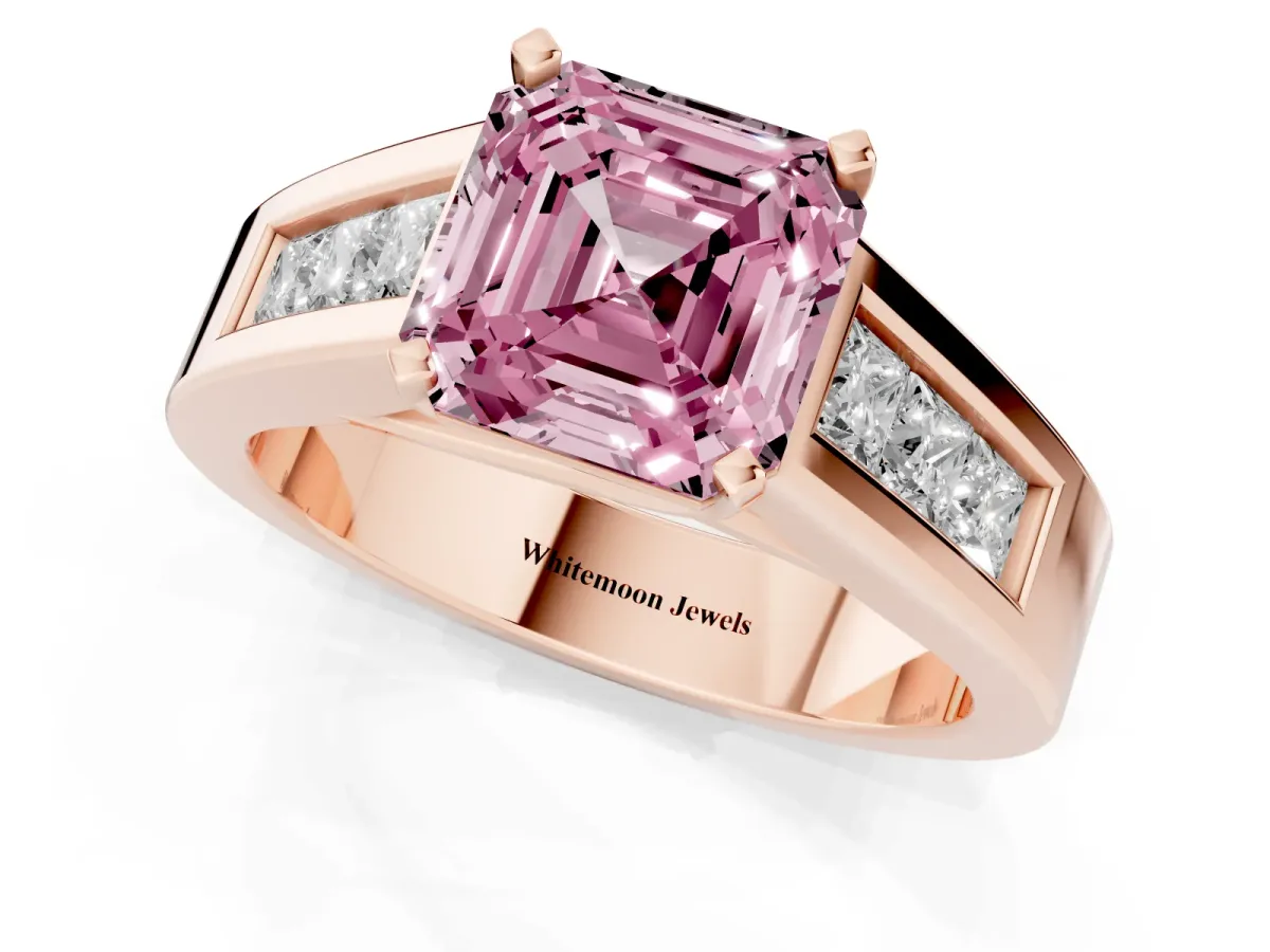 Fancy Pink Asscher Cut Cut Channel Set Solitaire Ring with Four-Prong Setting Rose gold