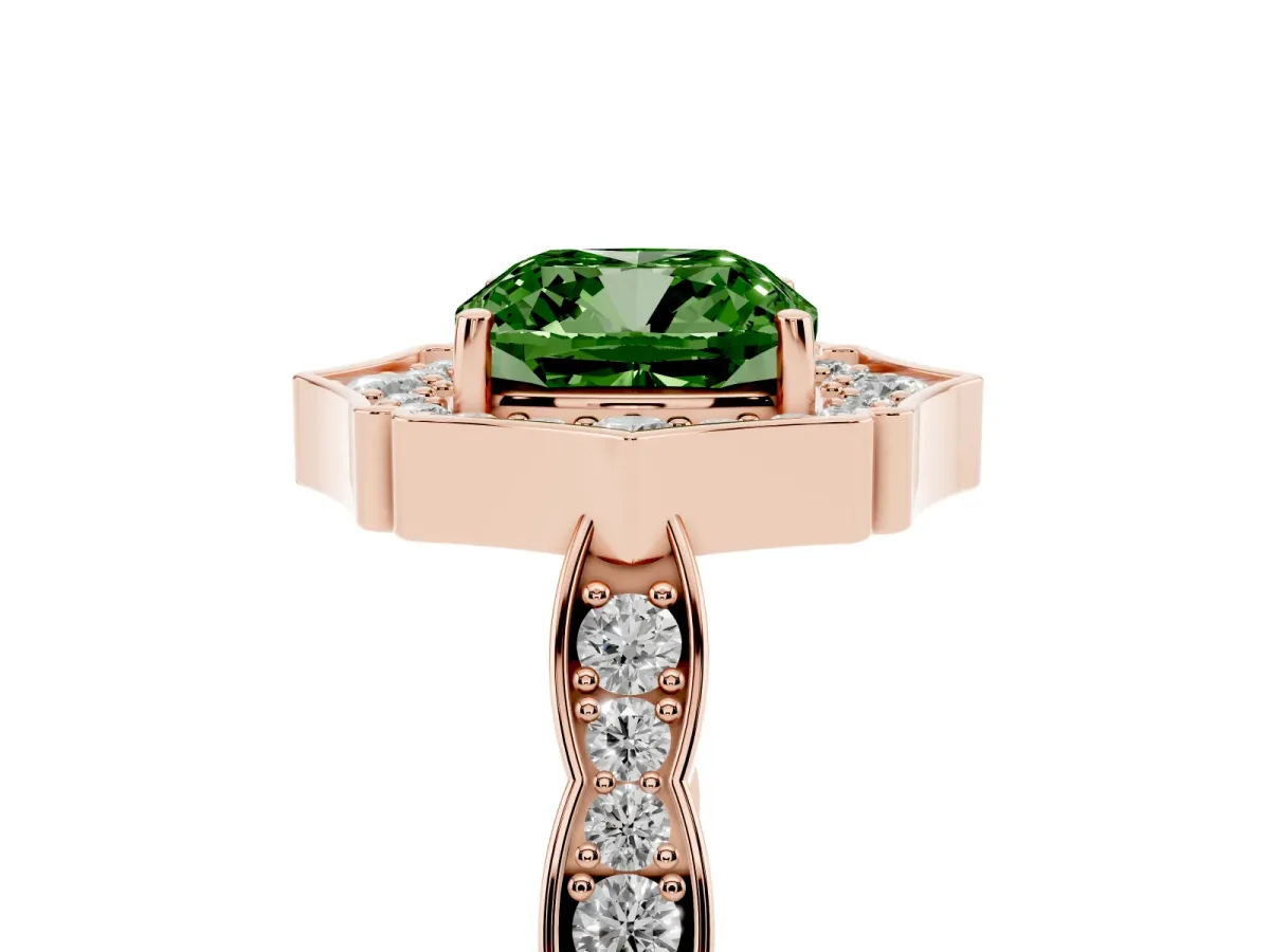 Fancy Green Cushion Cut Halo Diamond Engagement Ring with Milgrain Band and Four-Prong Setting Rose gold