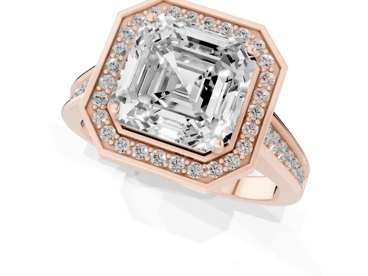 Asscher Cut Halo Solitaire Diamond Ring with Pave Band and Bezel Setting Rose gold
