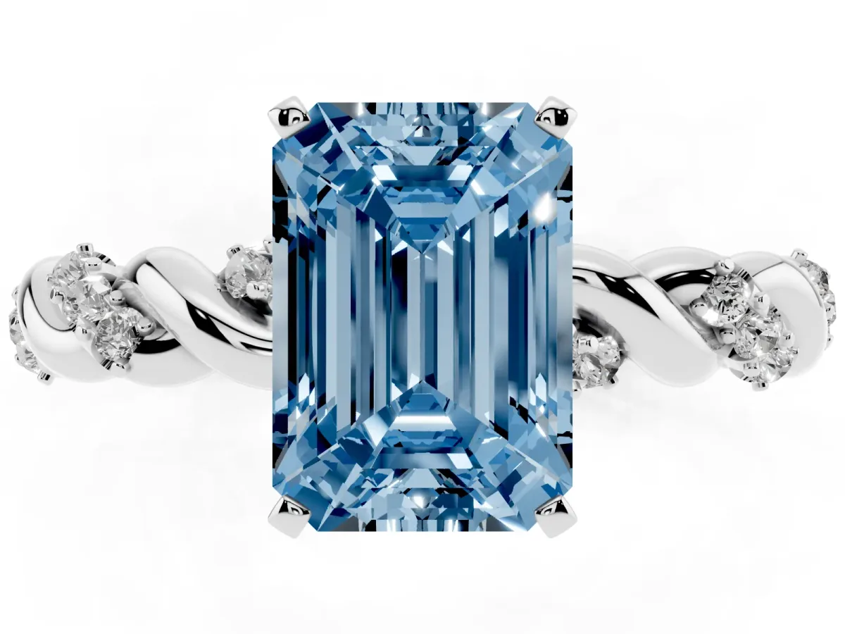 Fancy Blue Emerald Cut Diamond Solitaire Ring with Twisted Band and Pavé Accents White gold