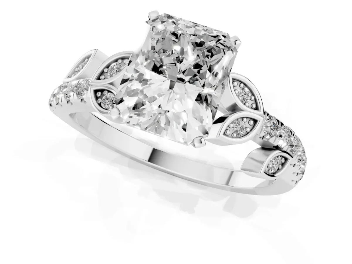 Radiant Cut Solitaire Leaf-Inspired Diamond Ring with Pavé Band and Four-Prong Setting Silver