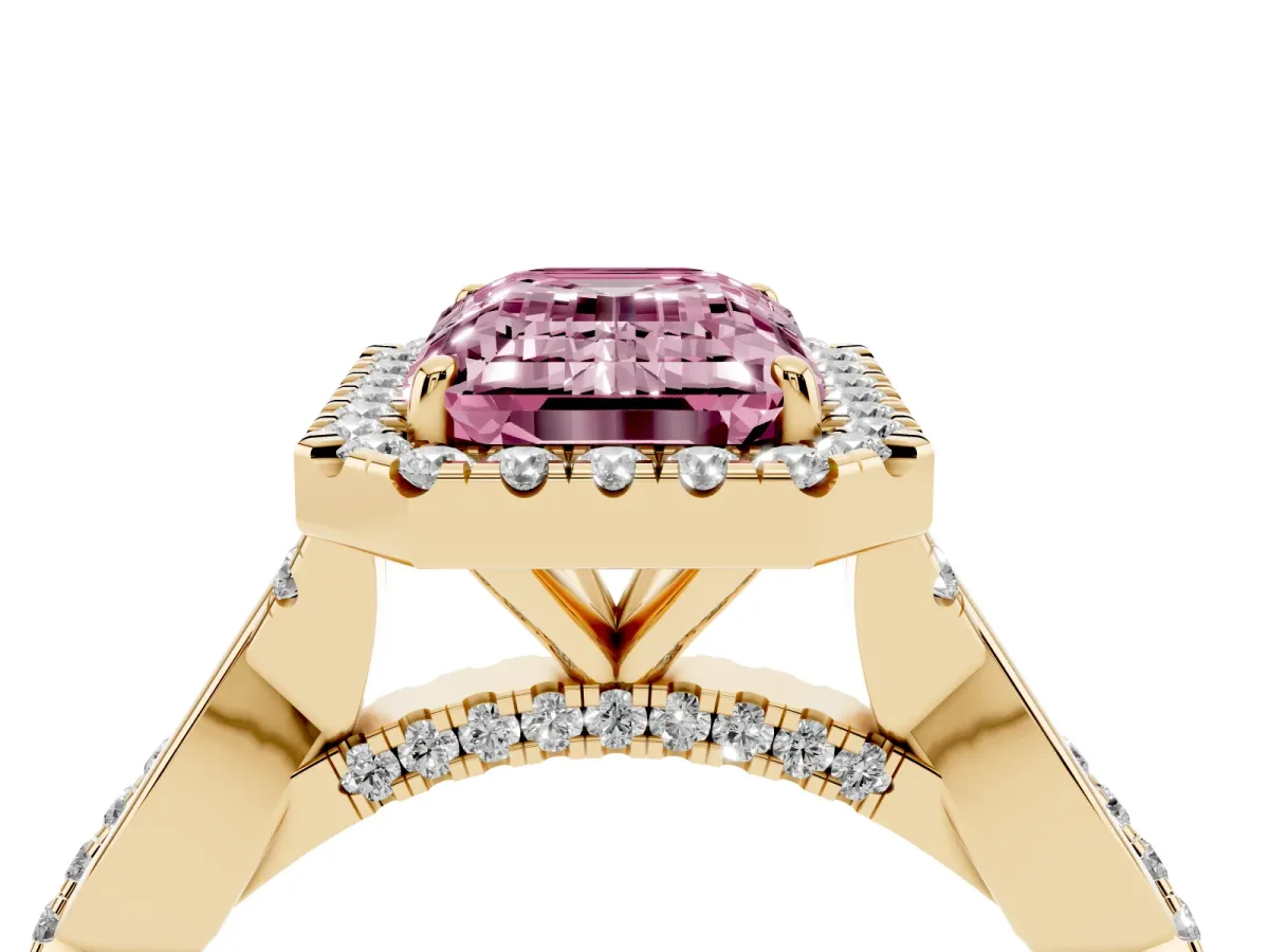 Fancy Pink Emerald Cut Halo Twist Band Solitaire Ring Yellow gold