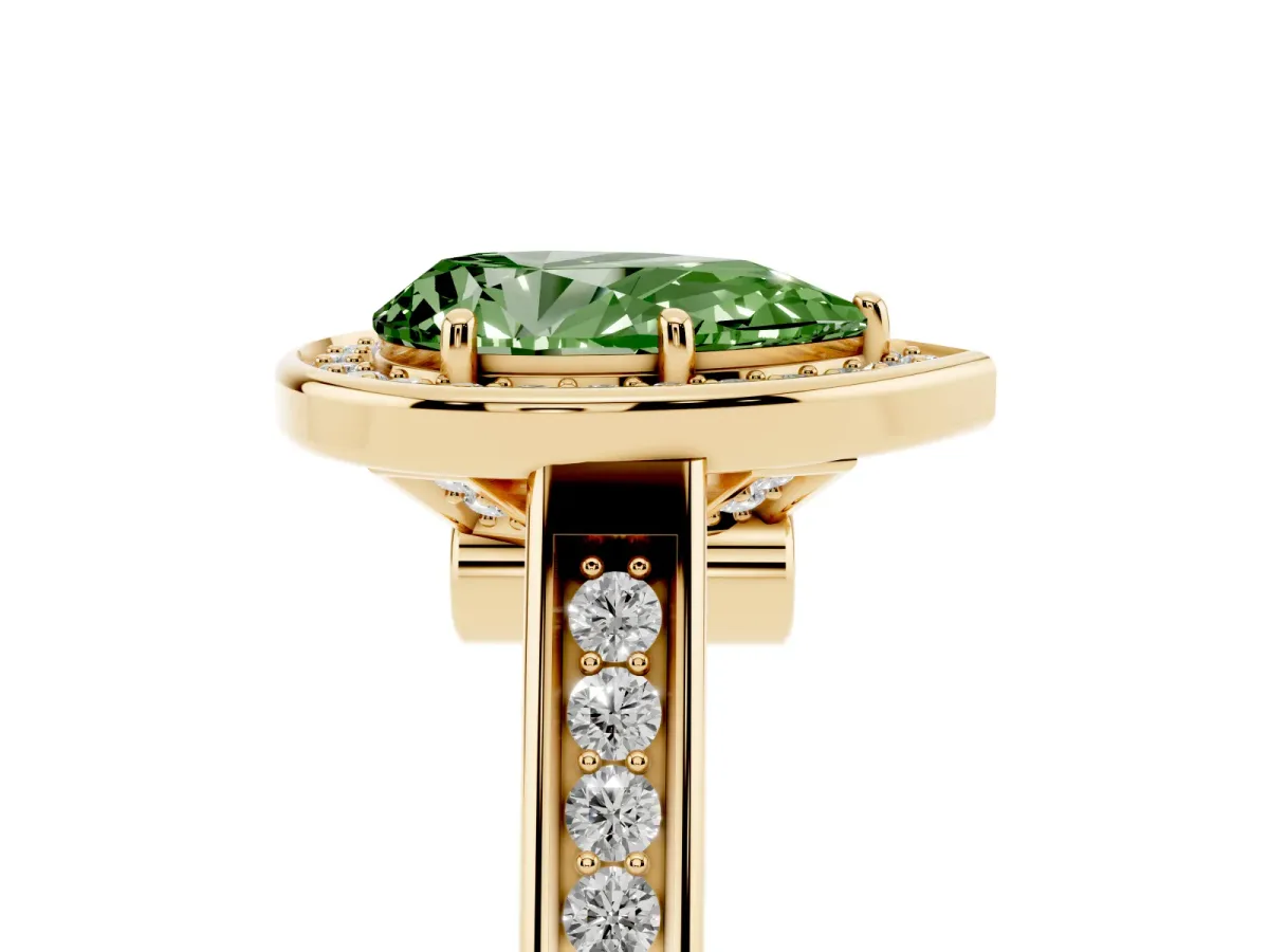 Fancy Green Pear Cut Halo Solitaire Diamond Ring with Pave Band and Bezel Setting Yellow gold