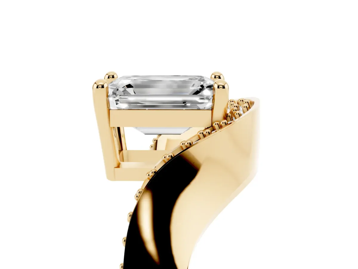 Emerald Cut Solitaire Diamond Engagement Ring with Pave Band and Four-Prong Setting Yellow gold