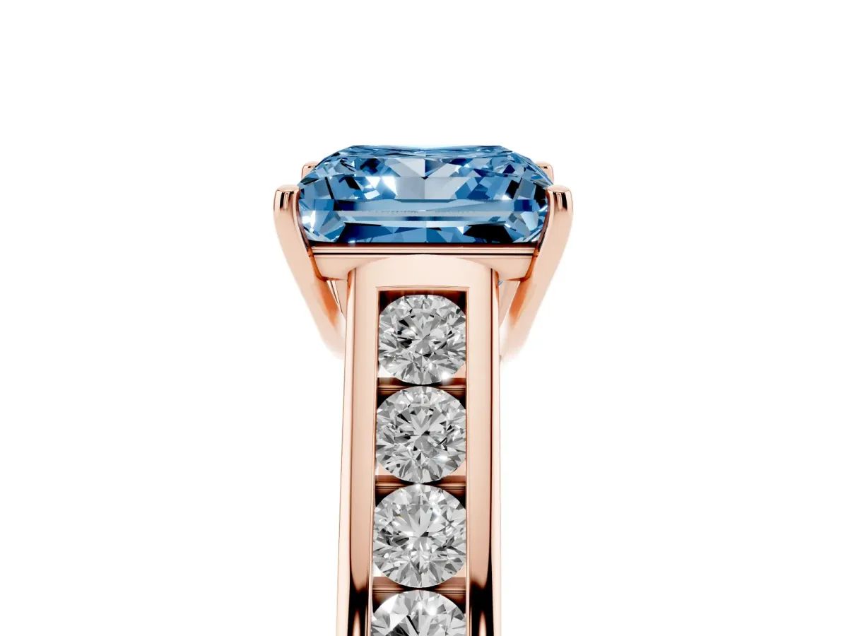 Fancy Blue Princess Cut Solitaire Channel-Set Diamond Engagement Ring with Four-Prong Setting Rose gold