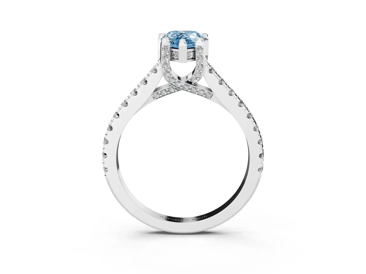 Fancy Blue Pear Cut Brilliant Diamond Solitaire with Pavé Band and Four-Prong Setting Silver