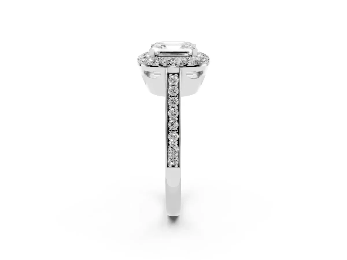 Asscher Cut Diamond Floral Halo Ring with Pavé Band and Prong Setting Platinum