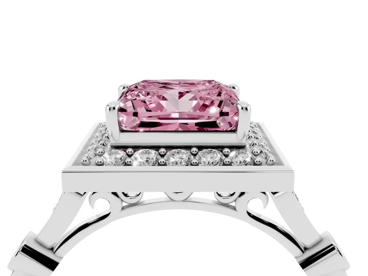 Fancy Pink Princess Cut Halo Diamond Engagement Ring with Twisted Band and Four-Prong Setting Platinum