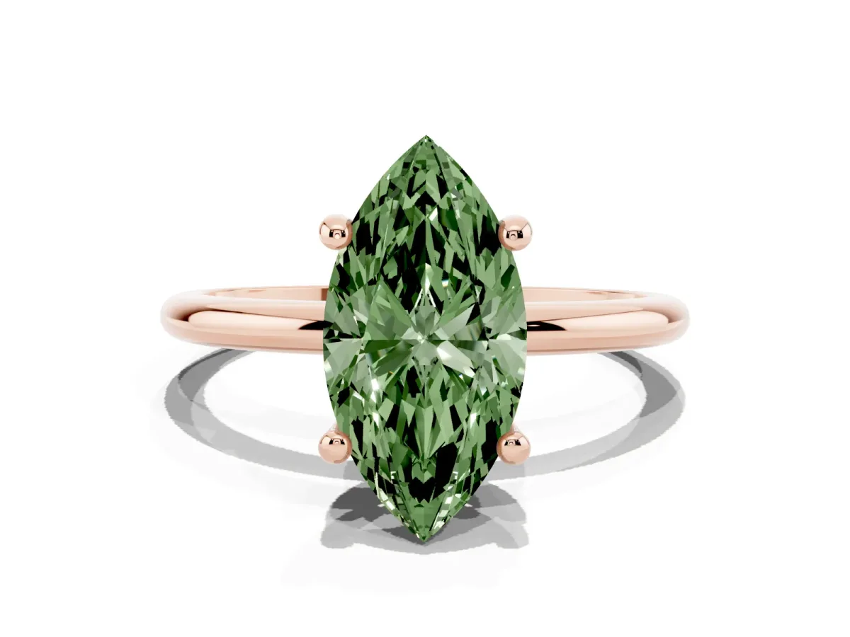 Fancy Green Marquise Cut Solitaire Diamond Ring with 4-Prong Setting on a Classic Band Rose gold