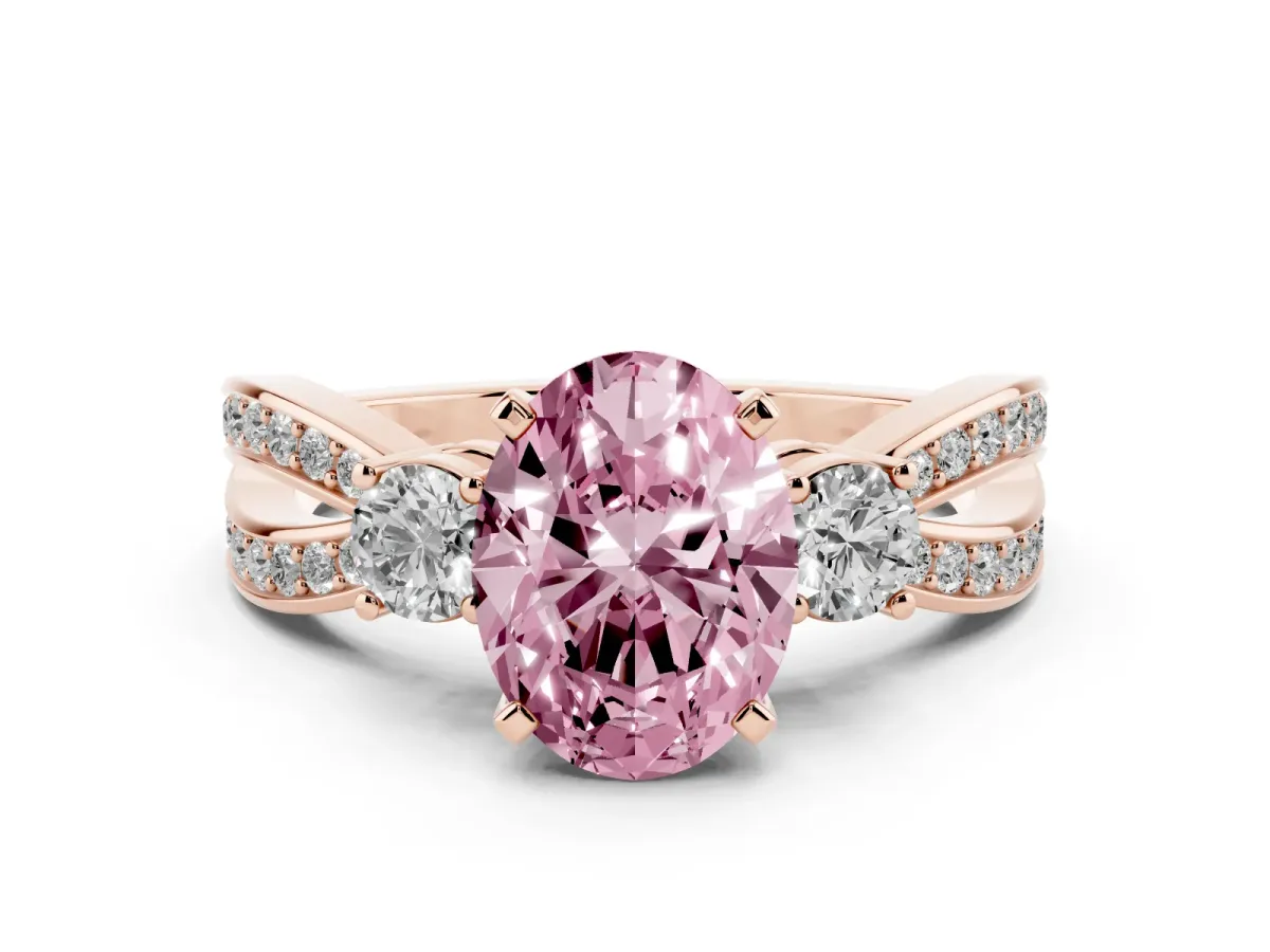 Fancy Pink Three-Stone Oval Cut Cut Diamond Twist Band with Prong Setting Rose gold
