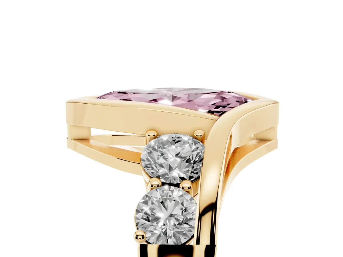 Fancy Pink Bezel Set Marquise Cut Diamond Bypass Ring with Round Accents Yellow gold
