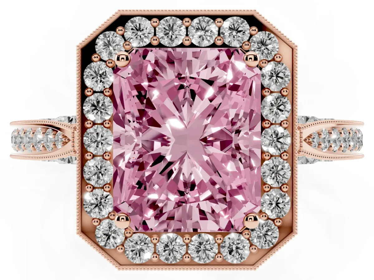 Fancy Pink Radiant Cut Halo Diamond Engagement Ring with Split Shank Band and Four-Prong Setting Rose gold