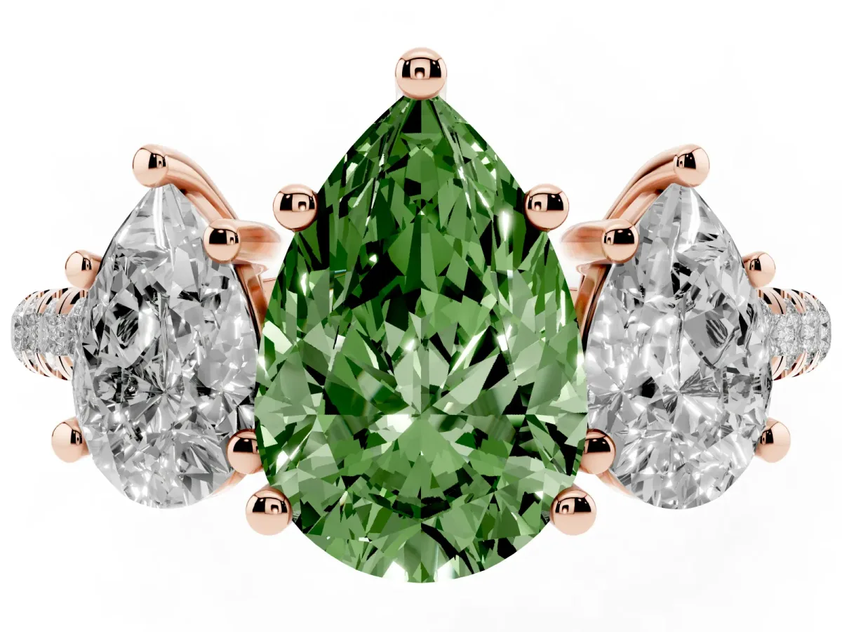 Fancy Green Three-Stone Pear Cut Diamond Ring with Round Pavé Band and Prong Setting Rose gold