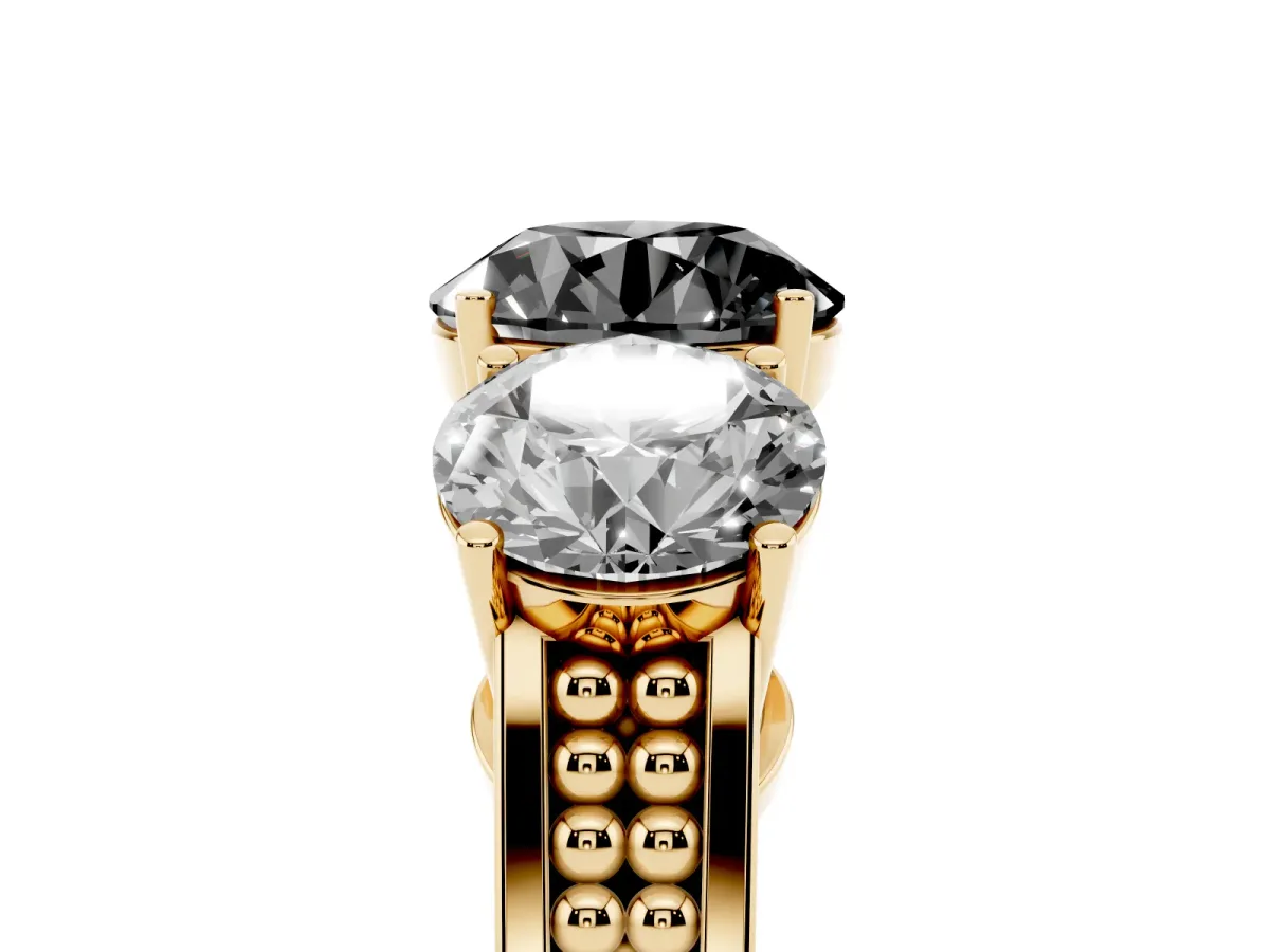 Fancy Black Round Cut Diamond Three-Stone Ring with Prong Setting and Textured Band Yellow gold