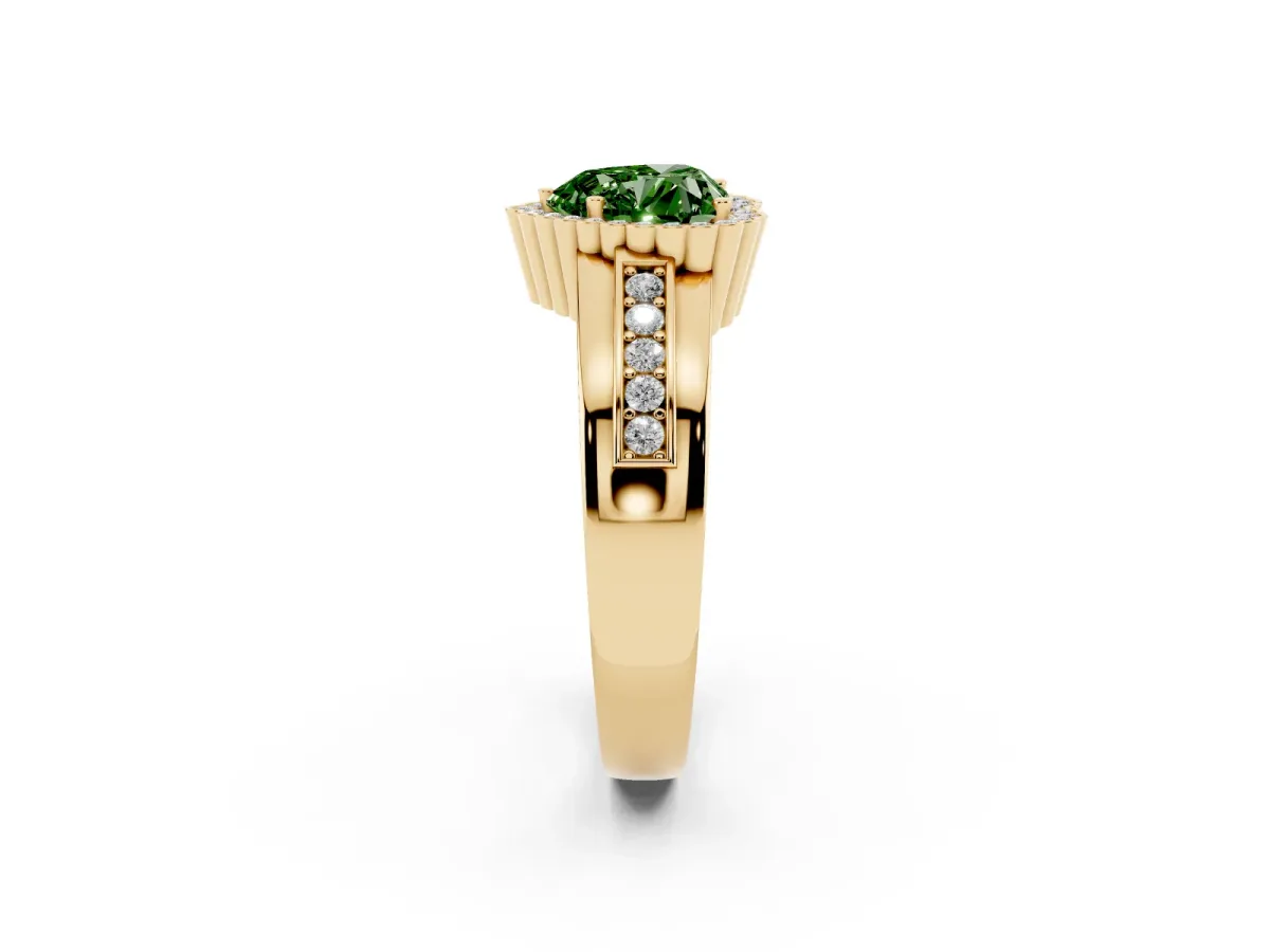 Fancy Green Heart Cut Cut Halo Pave Band Four-Prong Ring Yellow gold