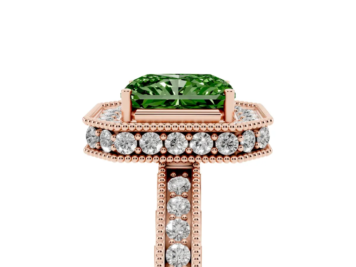 Fancy Green Radiant Cut Diamond Milgrain Halo Engagement Ring with Round Pavé Band and Prong Setting Rose gold