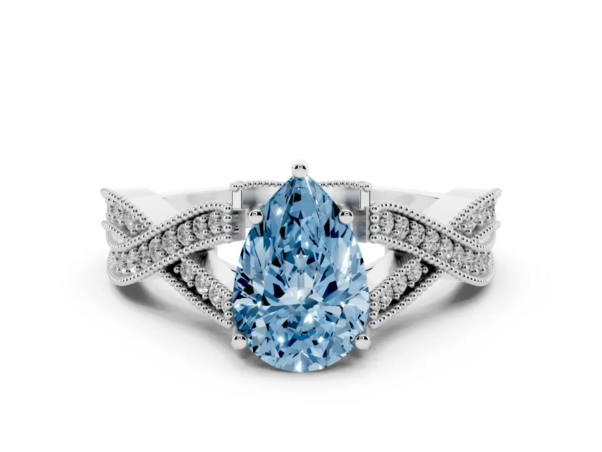 Fancy Blue Pear Cut Cut Diamond Twisted Band with Milgrain Pave Setting and Four-Prong Setting Silver