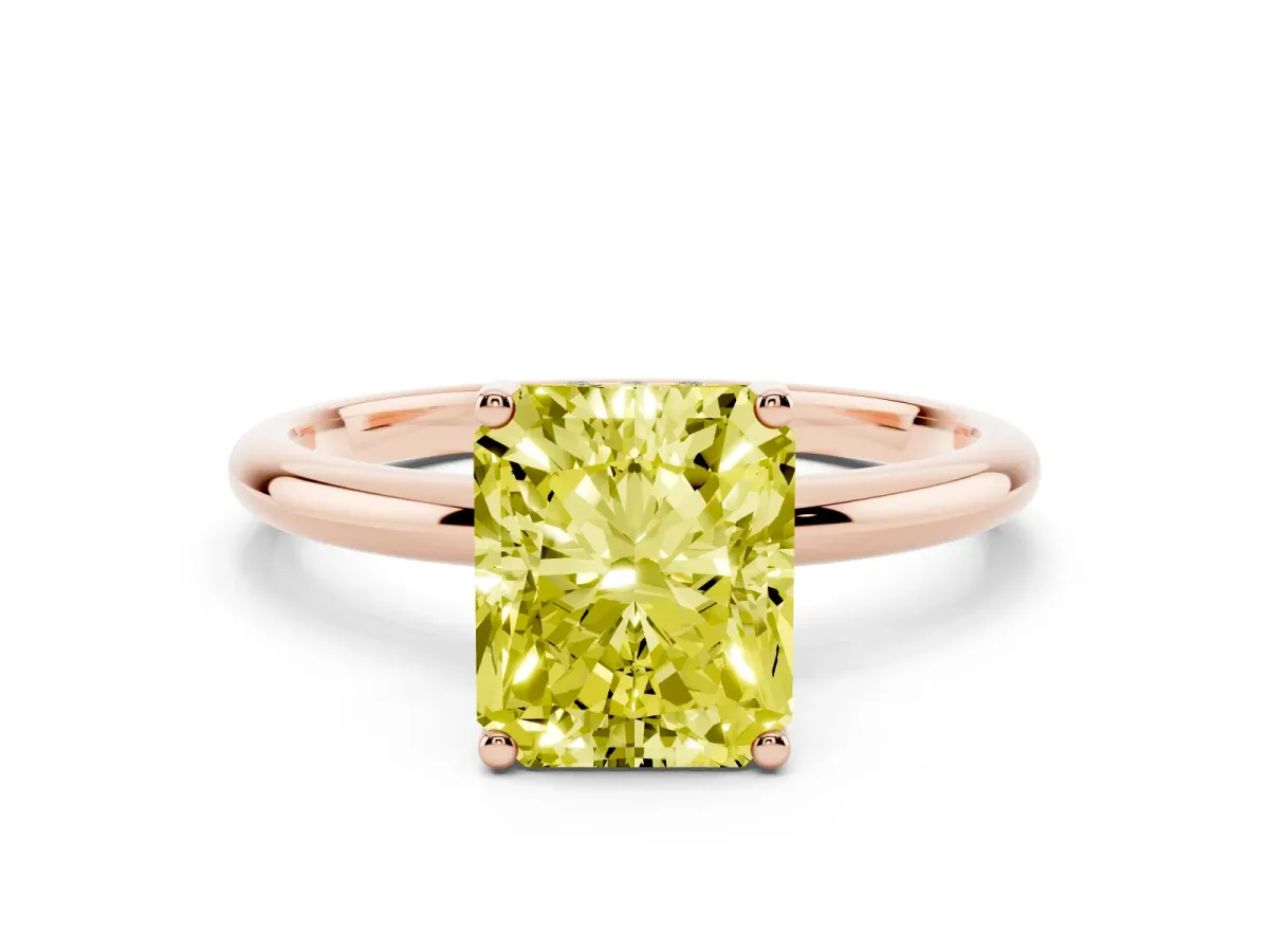 Fancy Yellow Radiant Cut Cut Solitaire Engagement Ring with Four-Prong Setting and Classic Band Rose gold