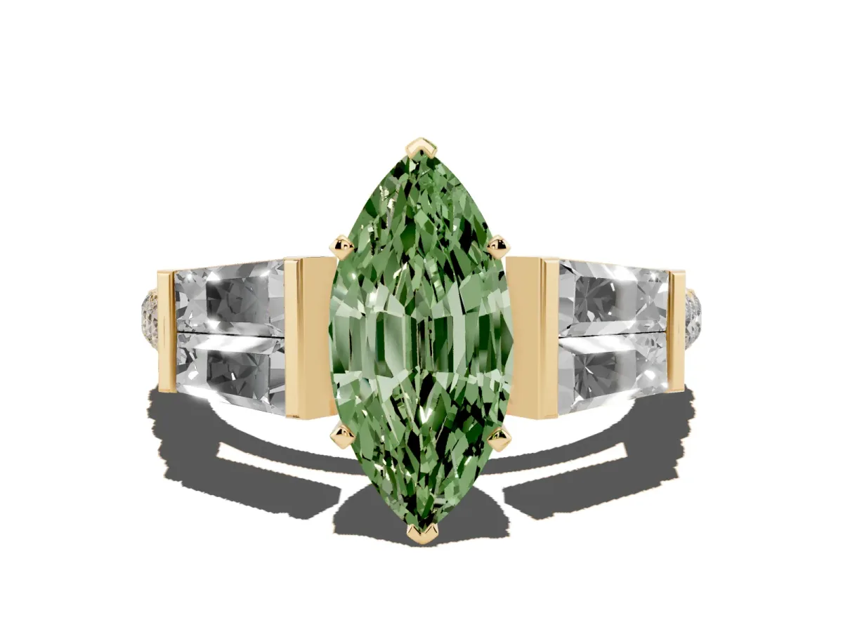 Fancy Green Marquise Cut Diamond Engagement Ring with Baguette Side Stones and Channel Set Band Yellow gold