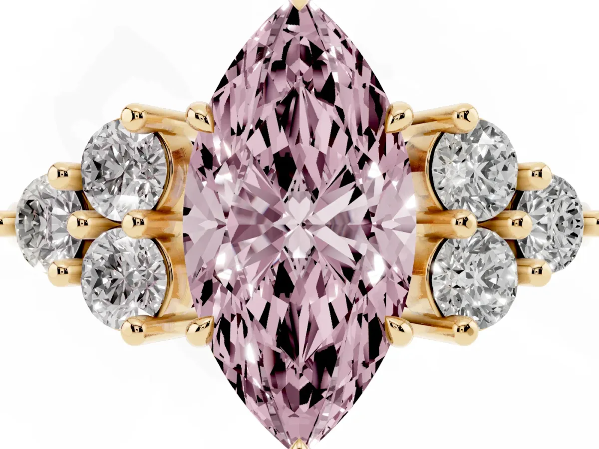 Fancy Pink Marquise Cut Brilliant Diamond Cluster Accent Solitaire Ring with Prong Setting Yellow gold