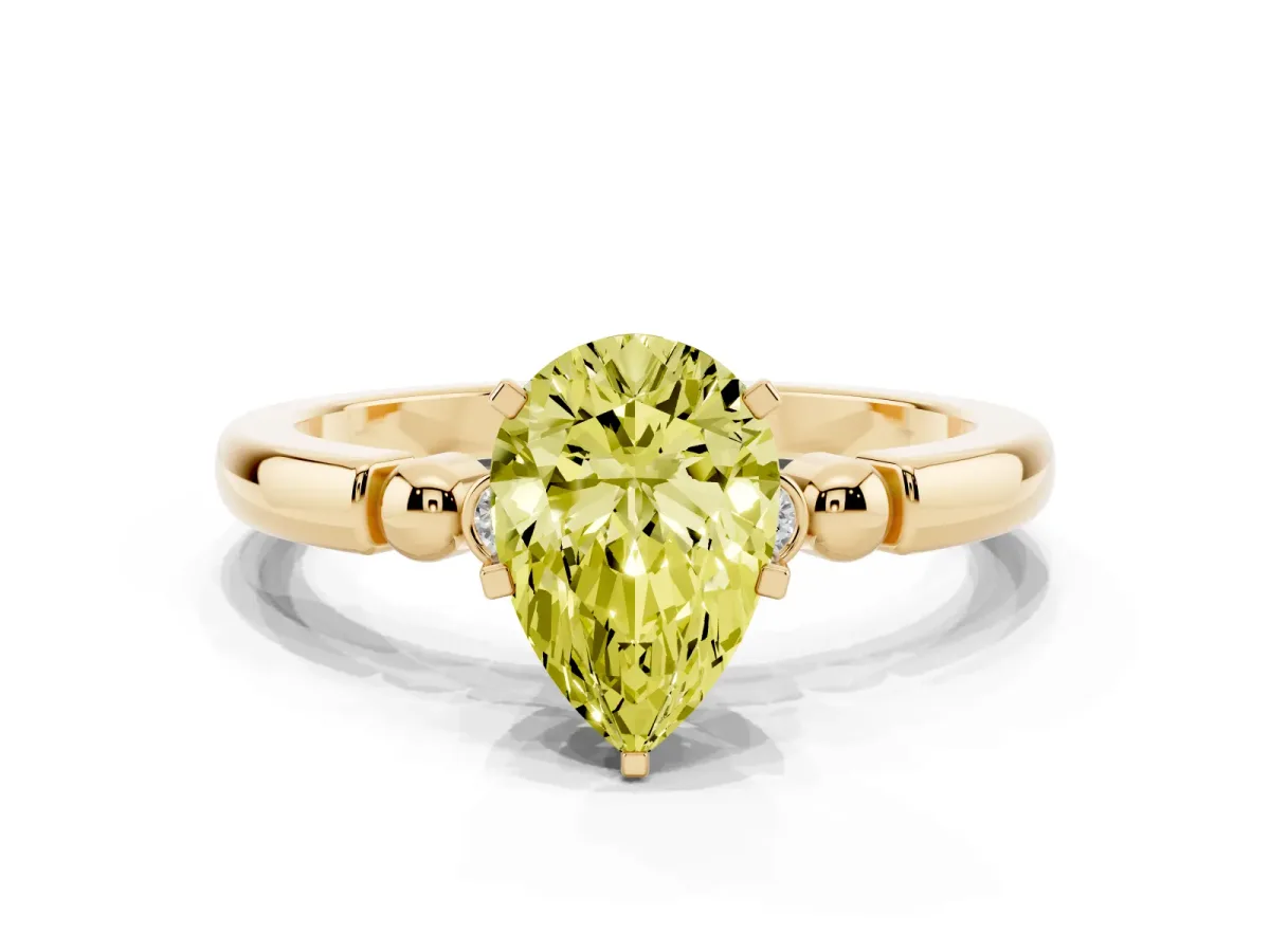 Fancy Yellow Pear Cut Solitaire Beaded Band with Four-Prong Setting Yellow gold