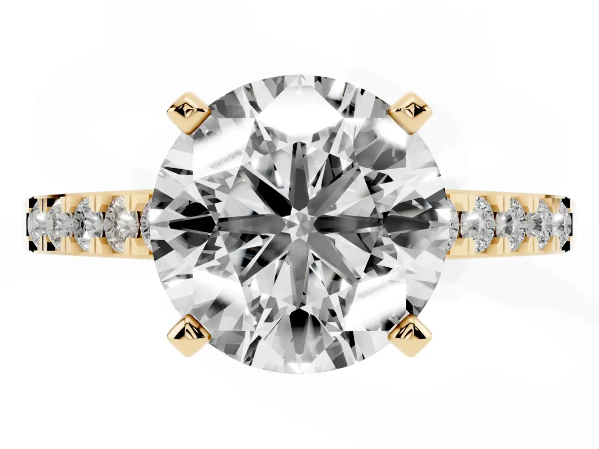 Round Cut Diamond Solitaire Ring with Crossover Gallery and Round Pavé Band Yellow gold