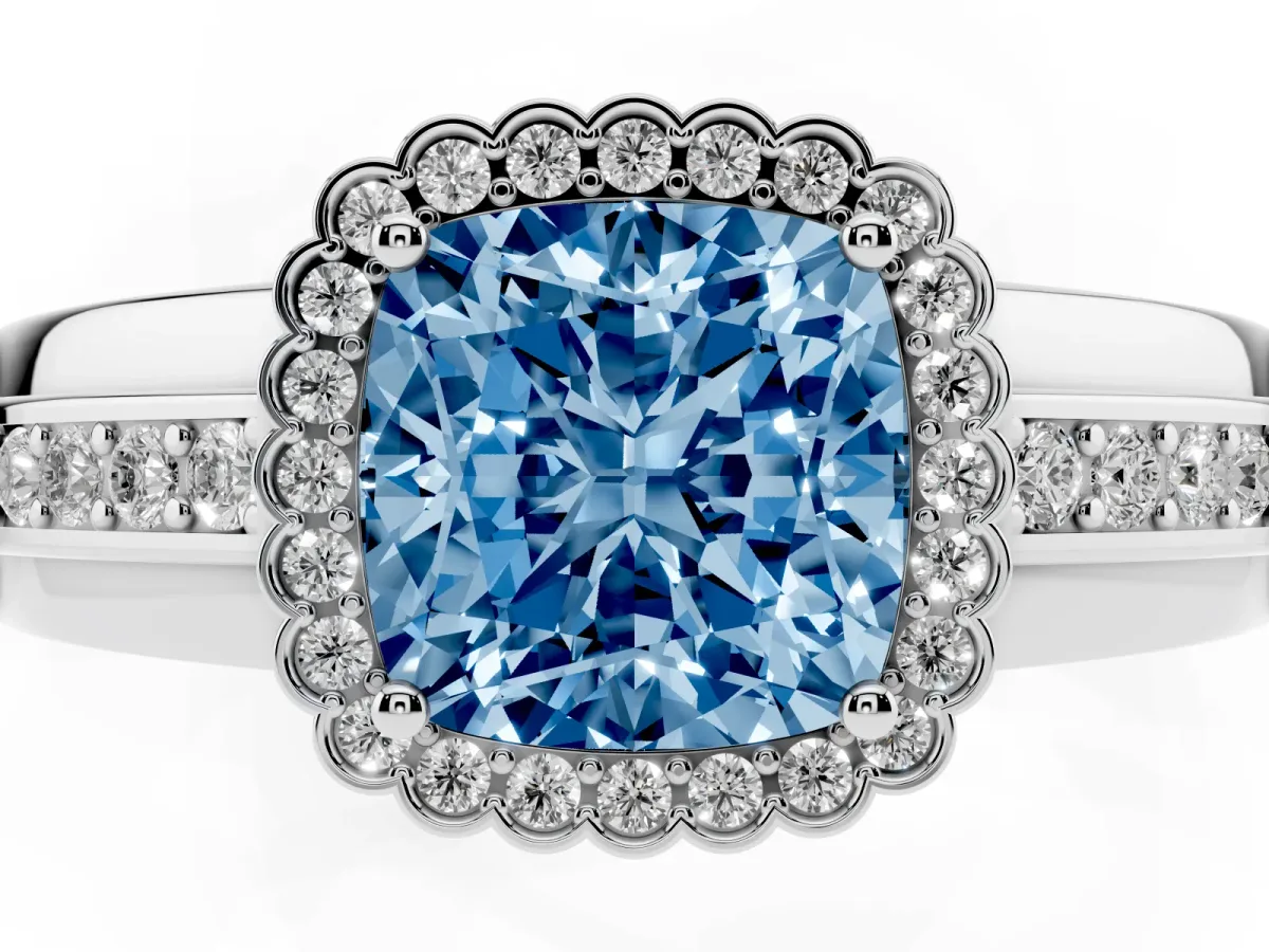 Fancy Blue Cushion Cut Cut Halo Pave Band Four-Prong Ring White gold