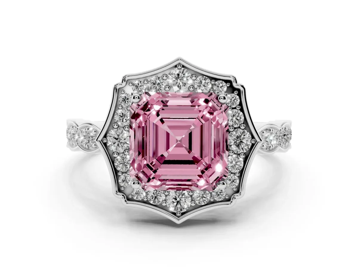 Fancy Pink Asscher Cut Halo Diamond Engagement Ring with Milgrain Band and Four-Prong Setting White gold