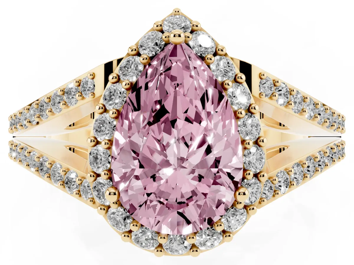 Fancy Pink Pear Cut Halo Split Shank Pave Diamond Ring with Four-Prong Setting Yellow gold